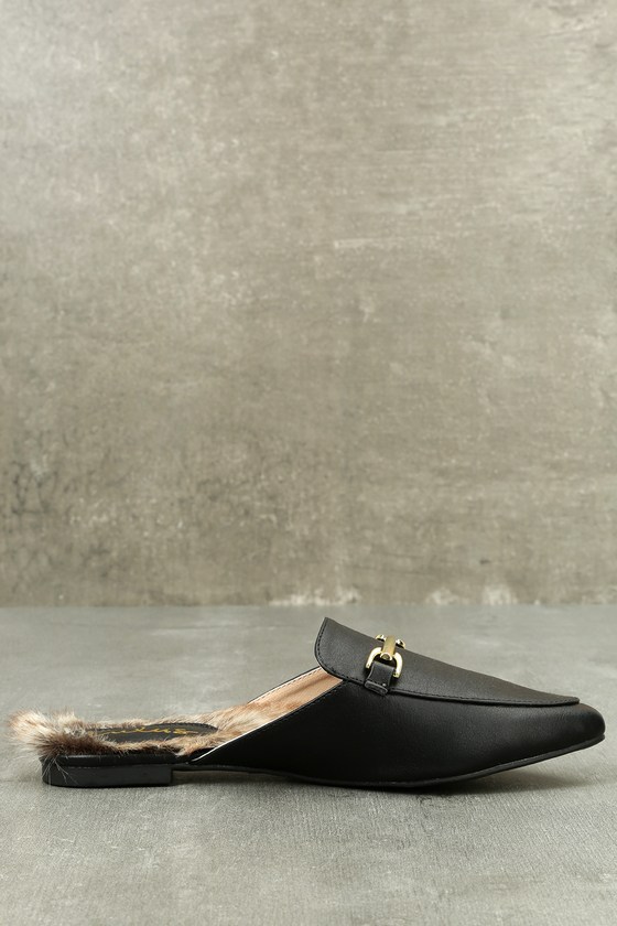Chic Black Loafer Slides -Faux Fur Loafers - Slip-On Loafers