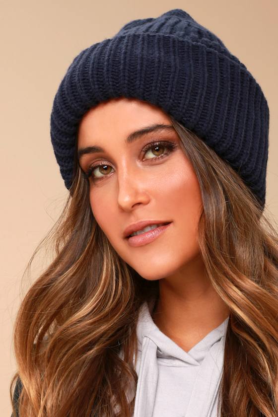 Cute Navy Blue Knit Beanie Slouchy Beanie Cuffed Beanie Lulus