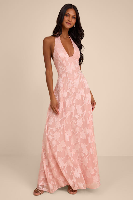 Maira Blush Pink Floral Burnout Halter Maxi Dress 1