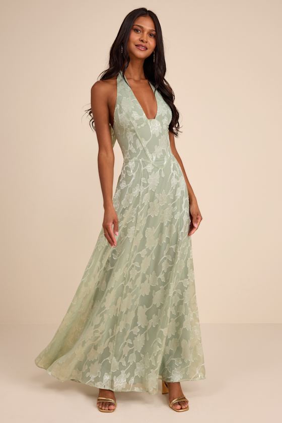Maira Sage Floral Burnout Halter Maxi Dress 1