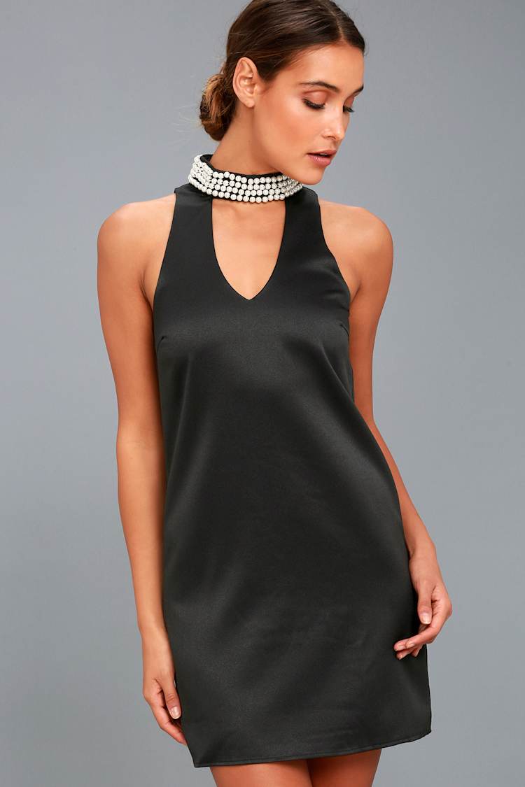 black dress pearl neckline Pearl Neck Ruched Waist Dress Black – Girl In Mind main image 0