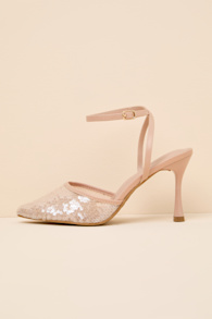 Latasha Light Nude Sequin Pointed-Toe Ankle Strap Pumps 1