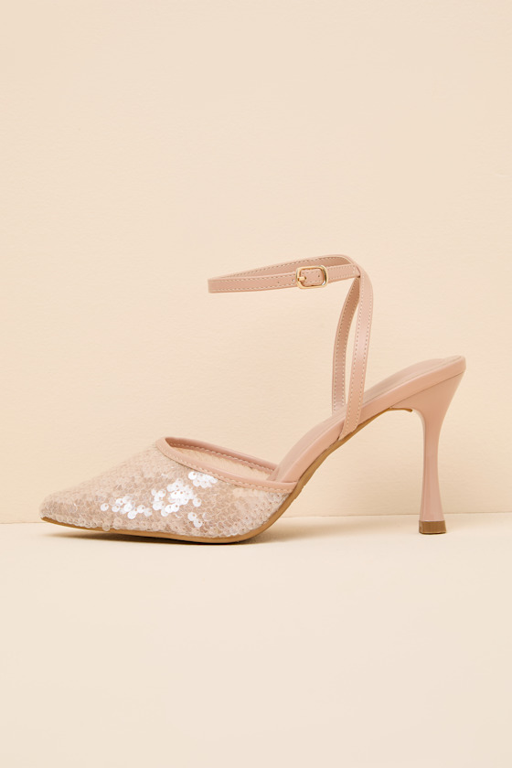 Latasha Light Nude Sequin Pointed-Toe Ankle Strap Pumps 1