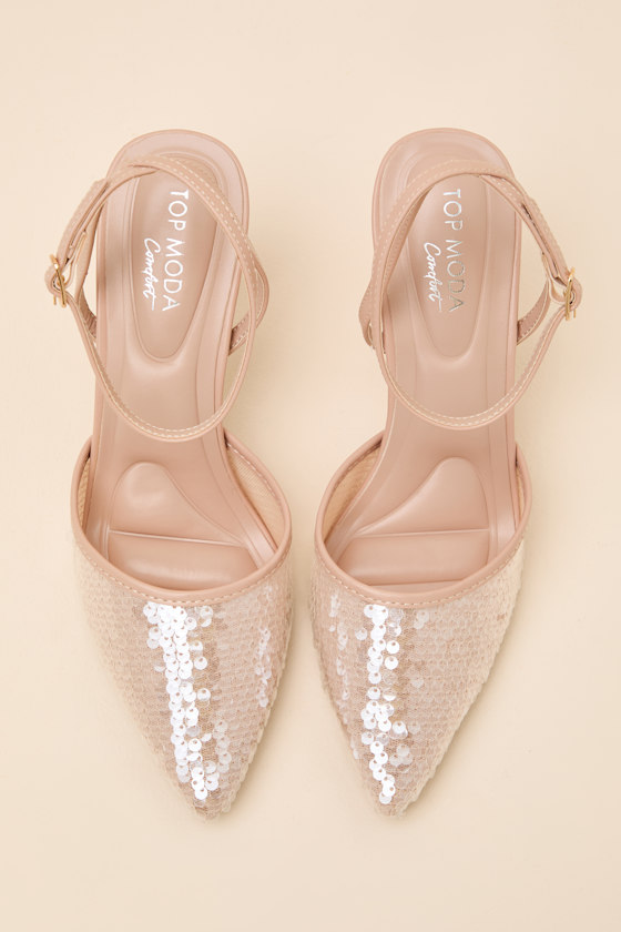 Latasha Light Nude Sequin Pointed-Toe Ankle Strap Pumps 2