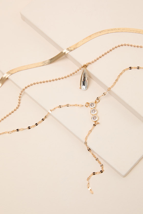 Malana Gold Rhinestone Layered Lariat Necklace - thumbnail 4