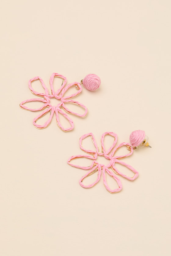 Paulina Pink Raffia Flower Earrings 2