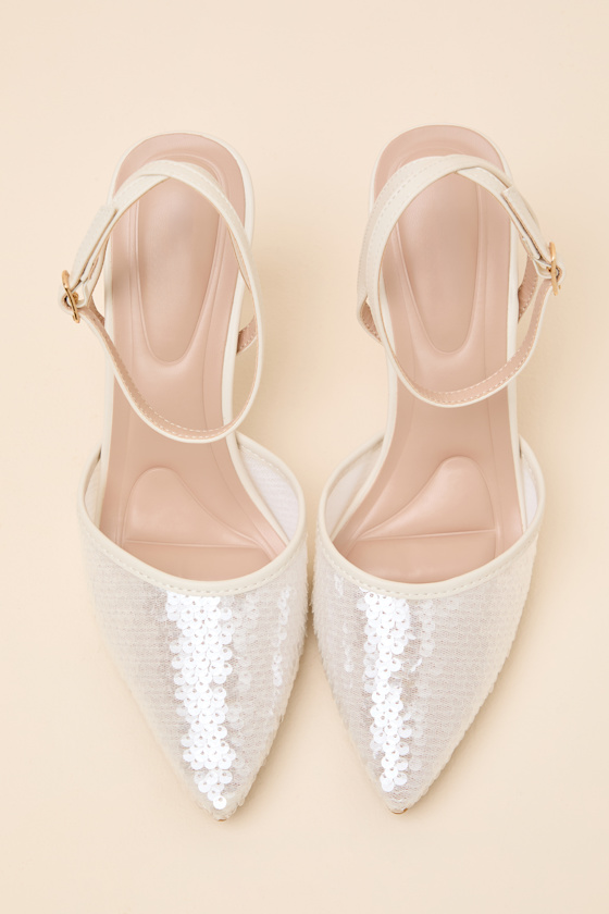 Latasha Ivory Sequin Pointed-Toe Ankle Strap Pumps 2
