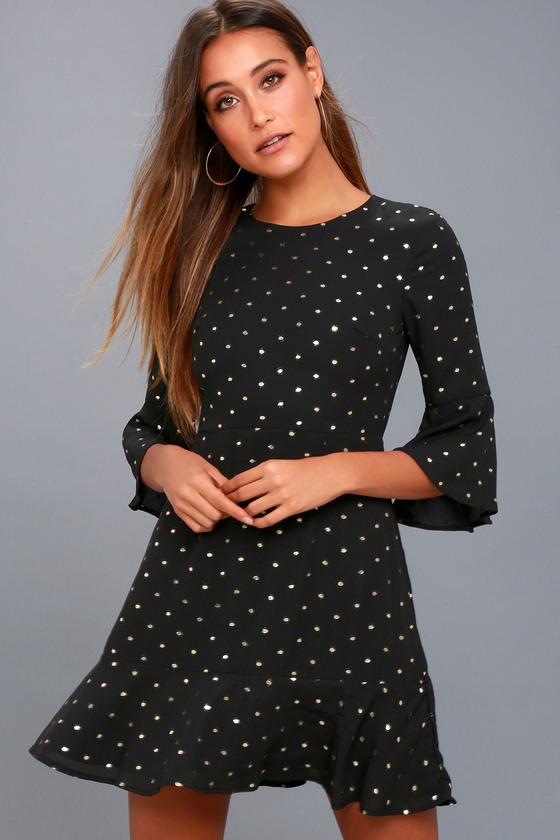 black dress with gold polka dots