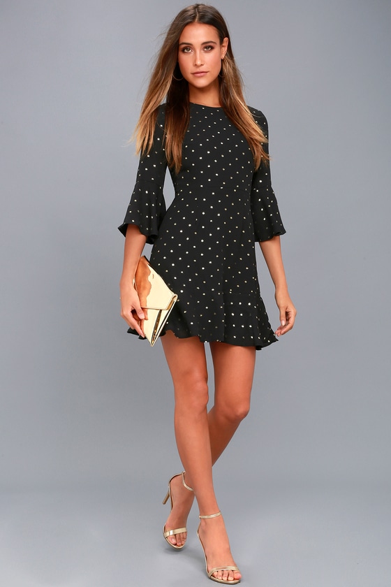 lulus black and gold polka dot dress