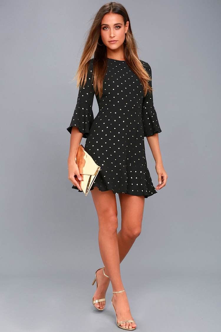 black dress gold dots Gold Dot Black Maxi Dress main image 1