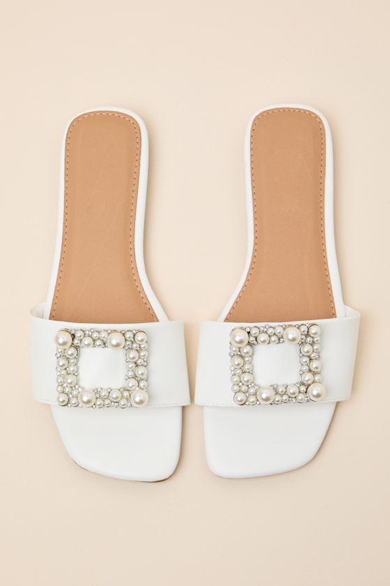 Lucinda White Pearl Slide Sandals
