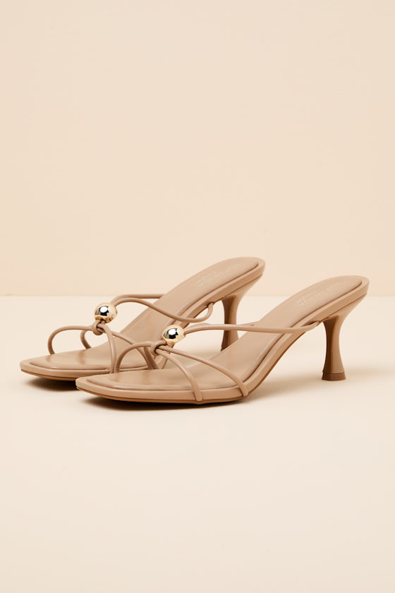 Valicia Camel Strappy Gold Bead High Heel Sandals - thumbnail 6