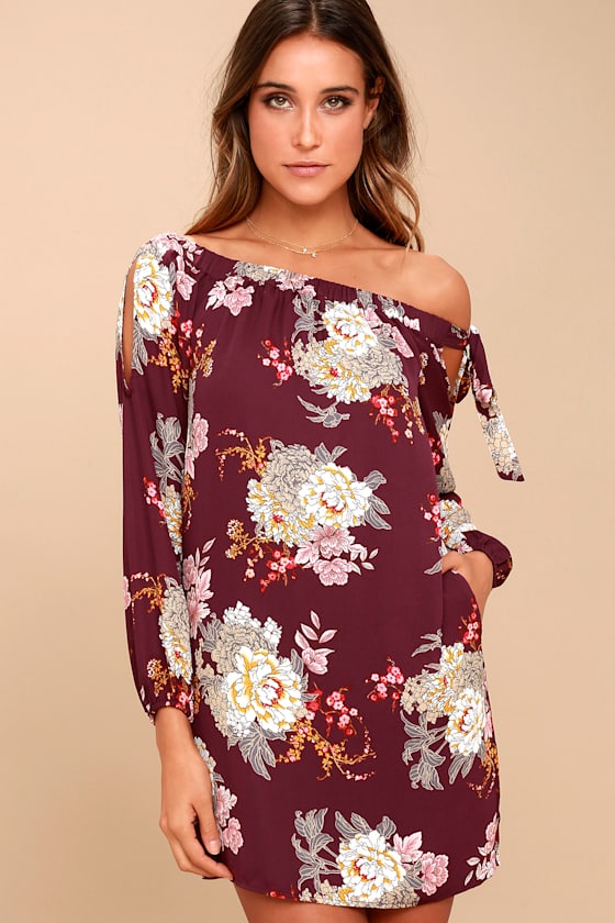 Jade Plum Purple Floral Print Off-the-Shoulder Shift Dress 1