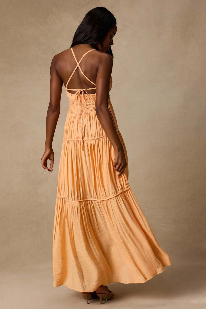 light orange maxi dress Fortunate One Style with strappy heels for a feminine and chic formal look Fairy Sundress, Wedding Guest Dress,