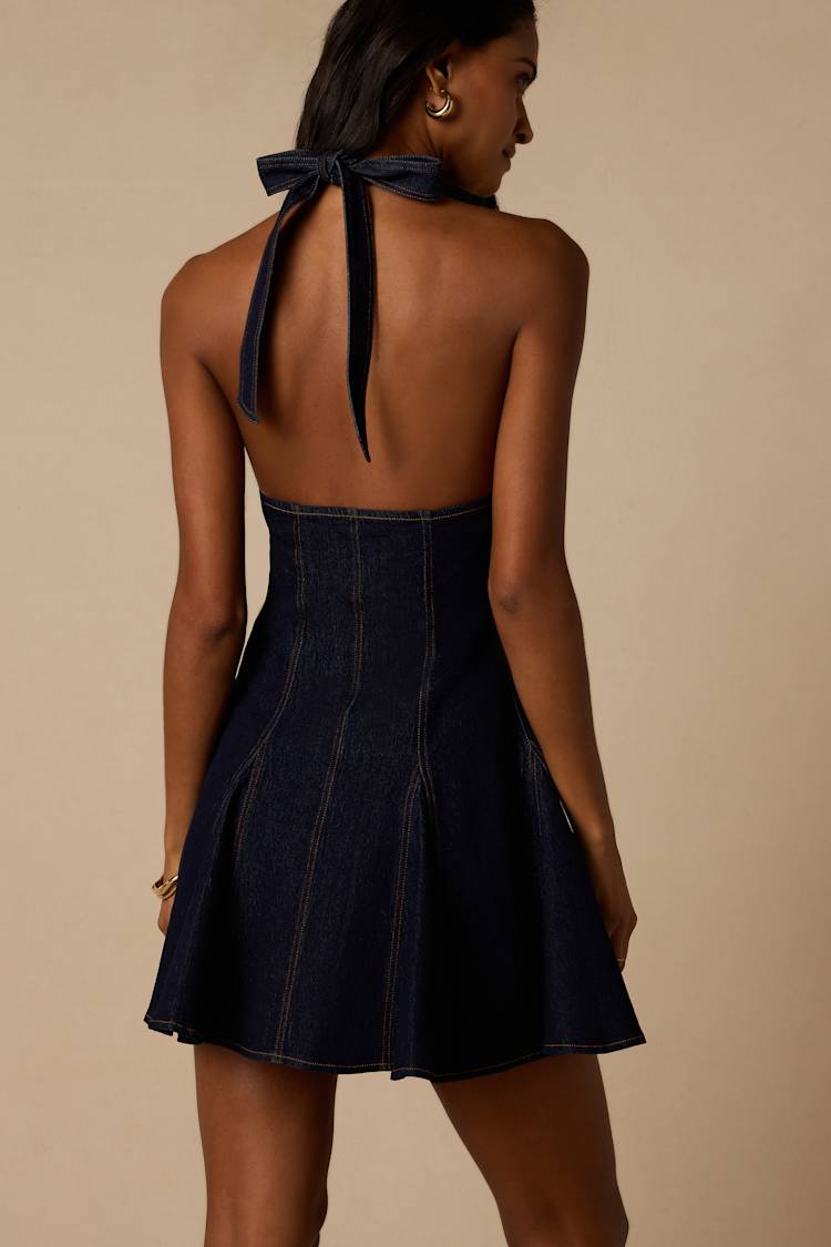 dark denim halter dress Moonlight Denim Halter Dress