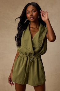 Ira Olive Green Collared Drawstring Romper 1