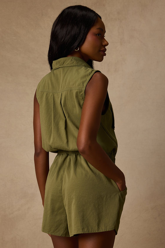 Ira Olive Green Collared Drawstring Romper 2