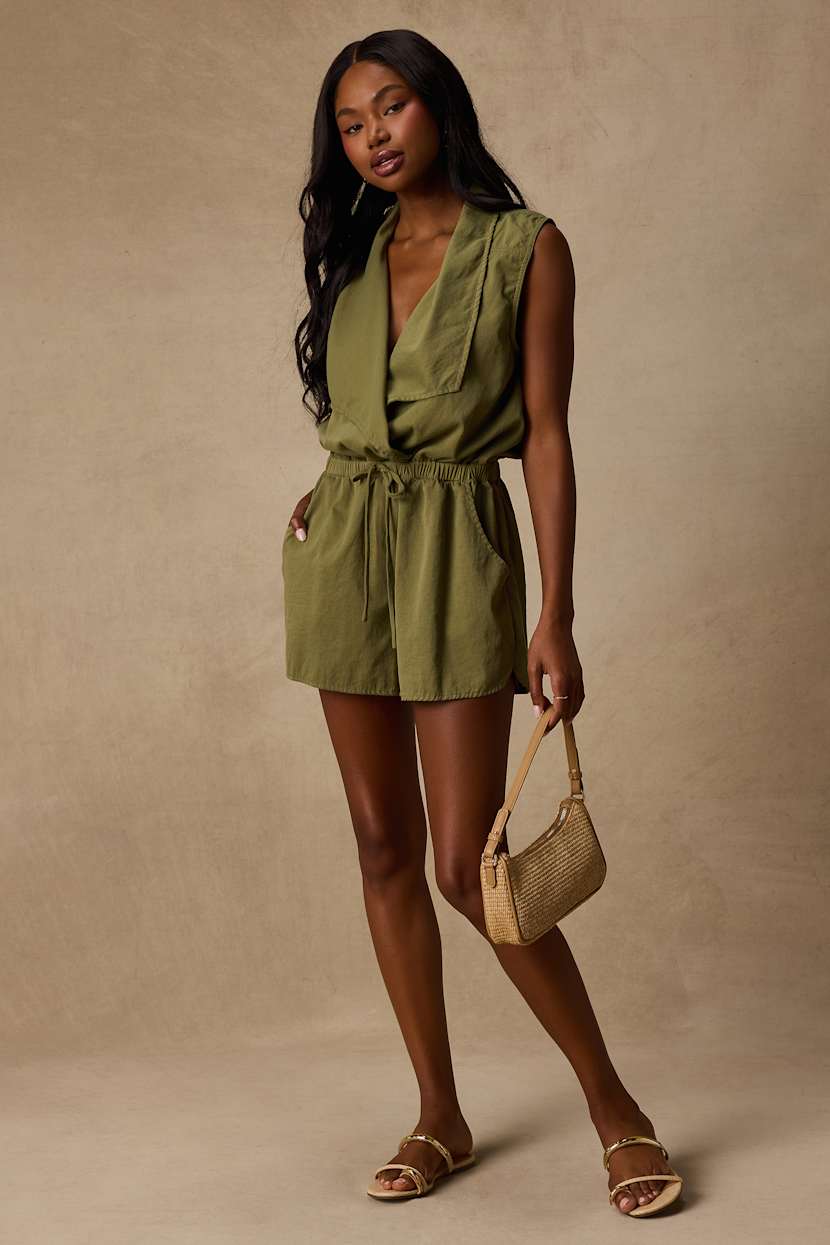 olive green romper dress Golden Hour Jacquard Romper Dress - Olive Green and Beige