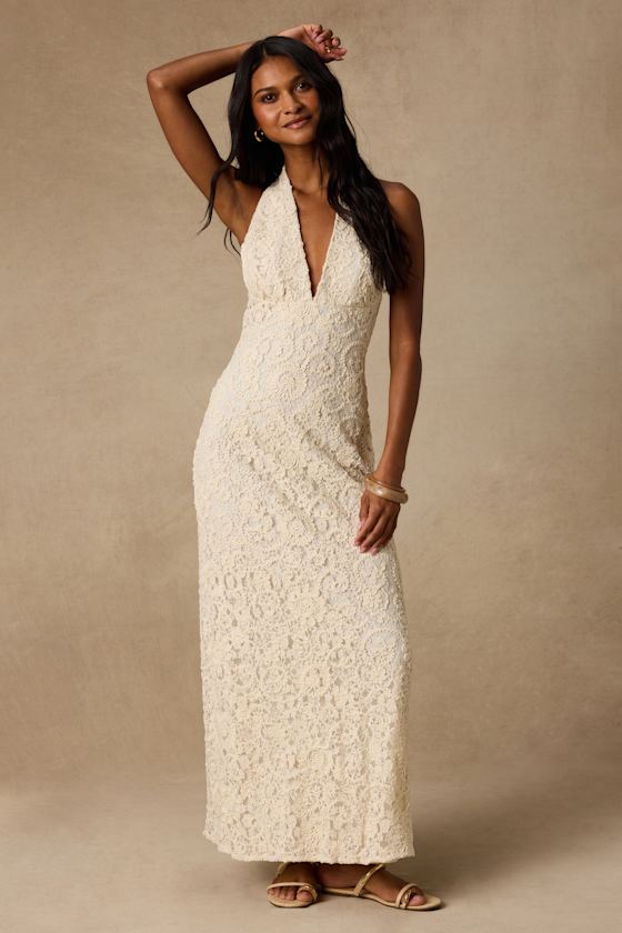 Rayanna Cream Crochet Halter Maxi Dress 2