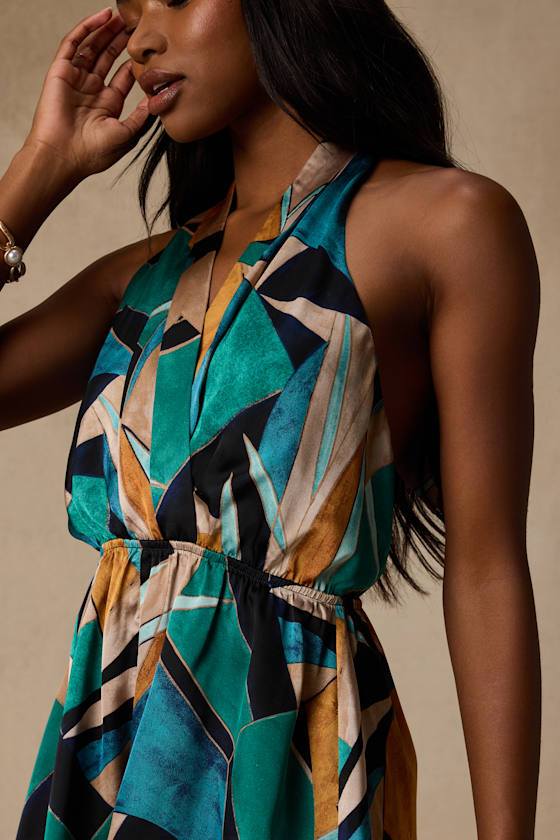 Demma Teal Multi Abstract Satin Romper - thumbnail 5