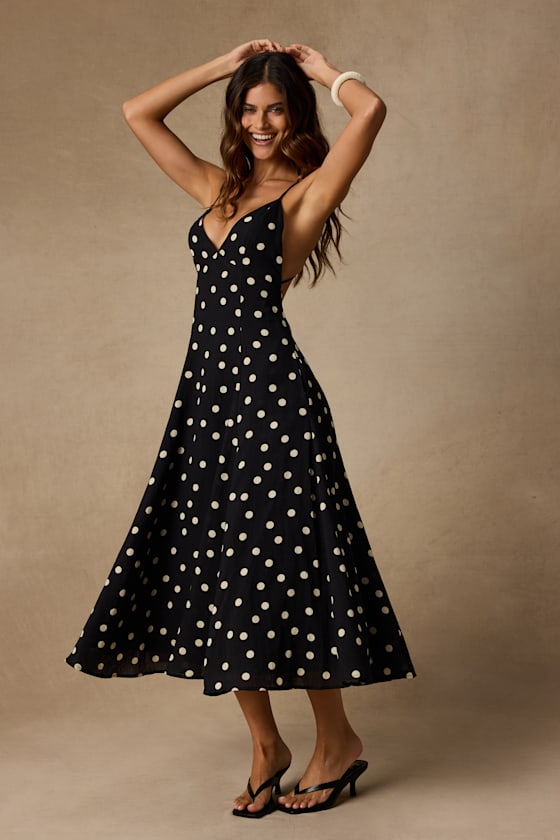 Oraya Black Polka Dot Tie-Back Midi Dress 1