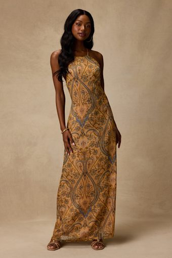 Abra Yellow Multi Boho Print Beaded Maxi Dress 1