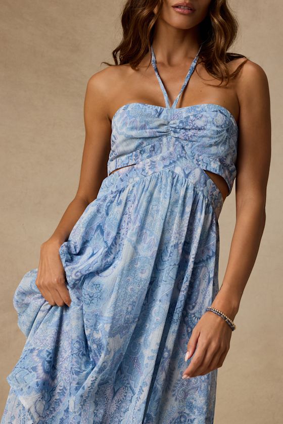 Dimitra Light Blue Paisley Print Halter Midi Dress 2