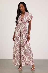 Dolla White and Magenta Boho Print Wide-Leg Jumpsuit 1
