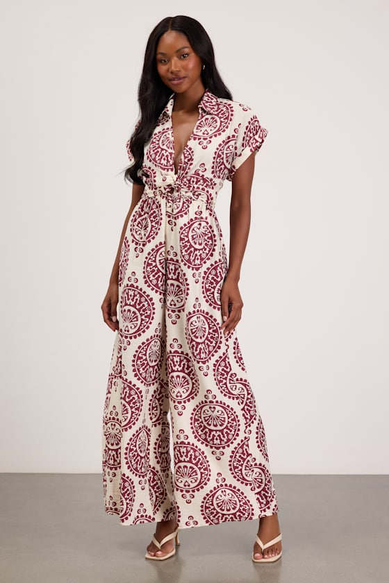 Dolla White and Magenta Boho Print Wide-Leg Jumpsuit 1