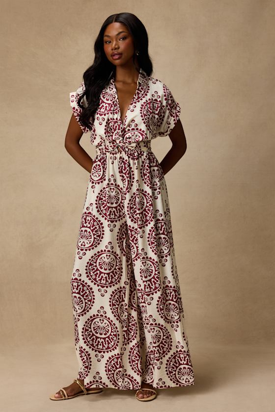Image of Dolla White and Magenta Boho Print Wide-Leg Jumpsuit