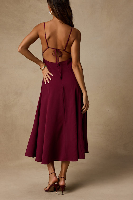 Oraya Berry Red Tie-Back Midi Dress - thumbnail 3