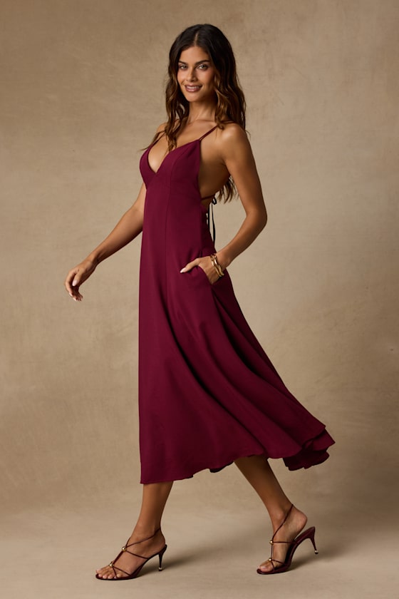 Oraya Berry Red Tie-Back Midi Dress - thumbnail 4