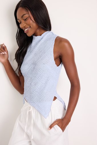 Kye Light Blue Crochet Lace Asymmetrical Tank Top 1