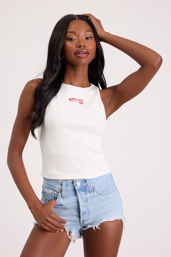 White Tank Top - White Beaded Graphic Tank - Beaded Fish Tank Top