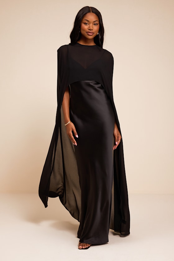 Cavana Black Satin Cape Maxi Dress 1