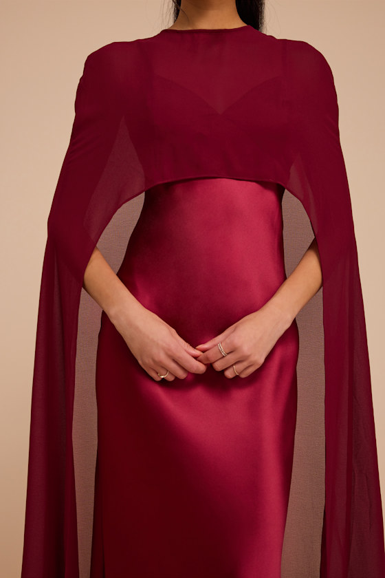 Cavana Burgundy Satin Cape Maxi Dress 2