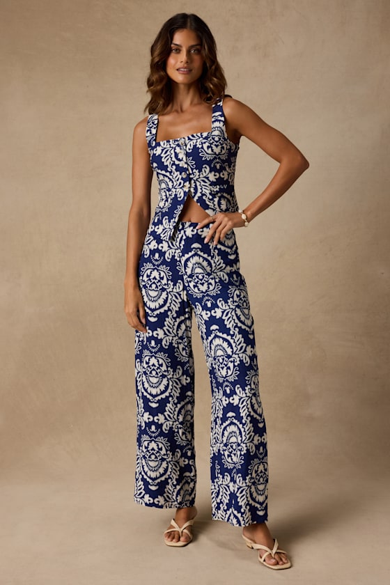 Caliana Blue and Ivory Boho Print Wide-Leg Pants