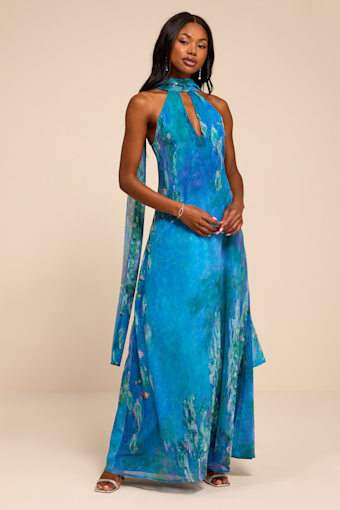Calixta Blue Abstract Chiffon Sash Shift Maxi Dress 1