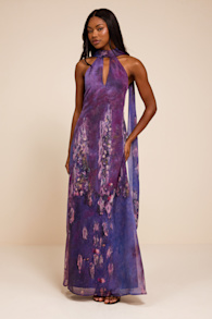 Calixta Purple Abstract Chiffon Sash Shift Maxi Dress 1