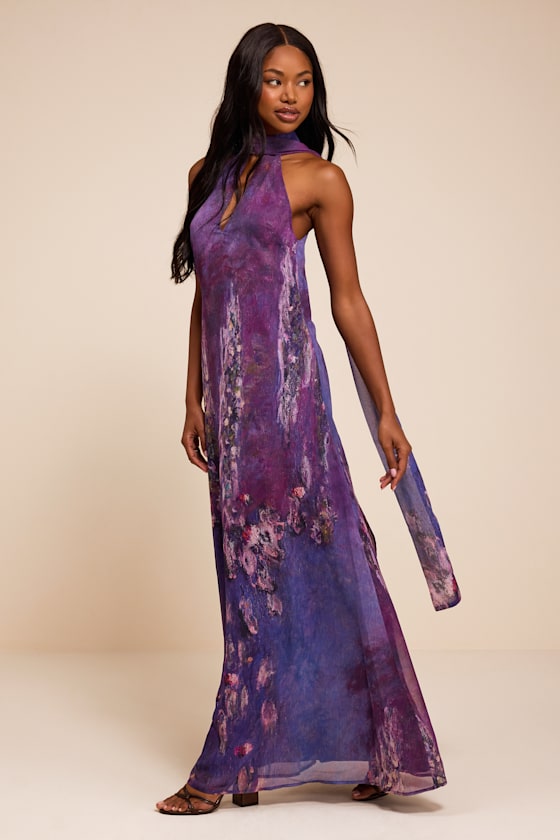 Calixta Purple Abstract Chiffon Sash Shift Maxi Dress - thumbnail 4
