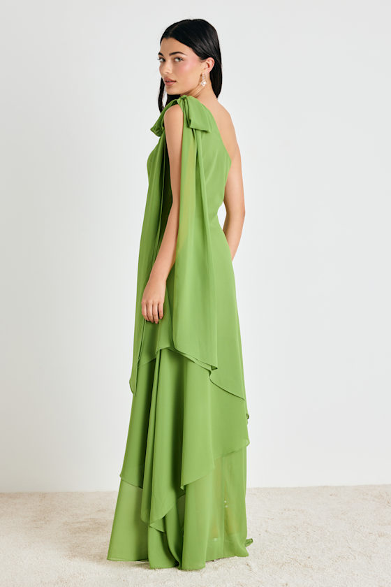 Green Maxi Dress - One-Shoulder Bow Dress - Tiered Maxi Dress - Lulus