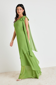 Camellia Bright Green One-Shoulder Bow Maxi Dress 4