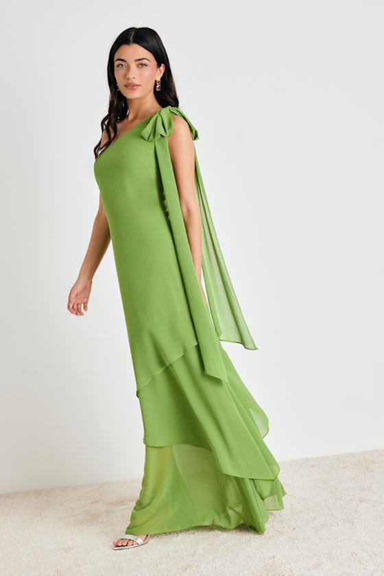 Camellia Bright Green One-Shoulder Bow Maxi Dress 4