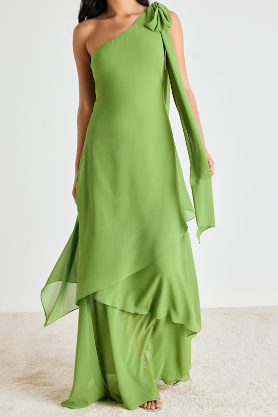 Camellia Bright Green One-Shoulder Bow Maxi Dress 6