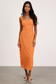 Larine Orange Abstract Floral Embroidered Midi Dress 1