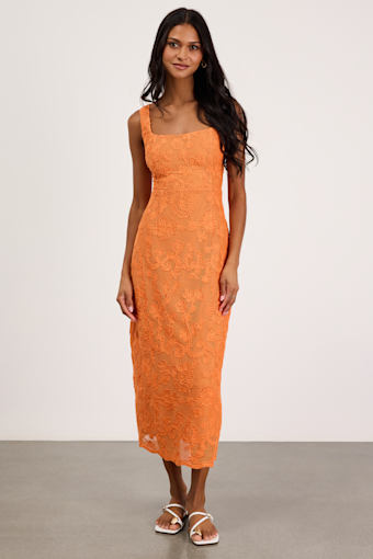Larine Orange Abstract Floral Embroidered Midi Dress 1