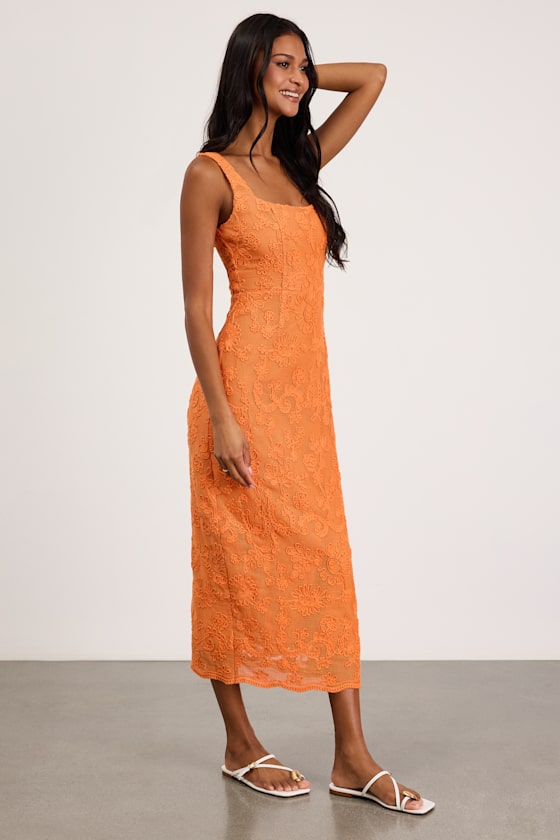 Larine Orange Abstract Floral Embroidered Midi Dress - thumbnail 4