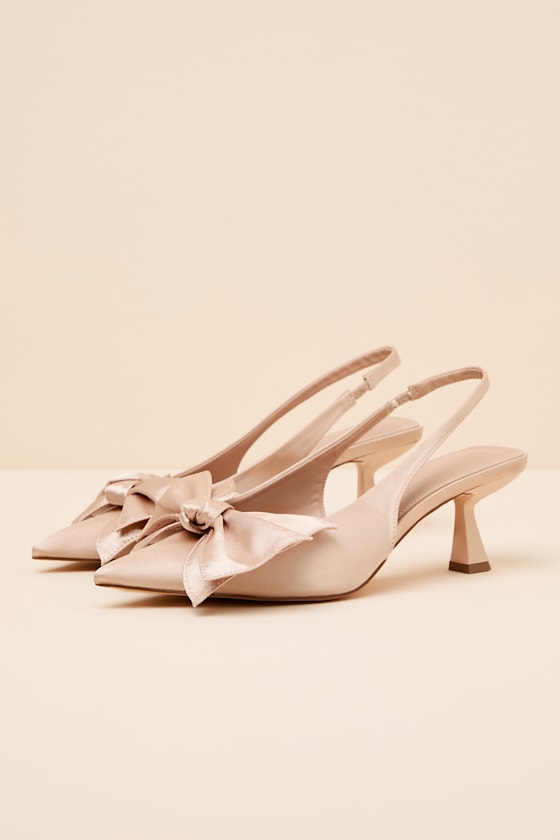Tiersa Beige Satin Bow Slingback Kitten Heel Pumps - thumbnail 5