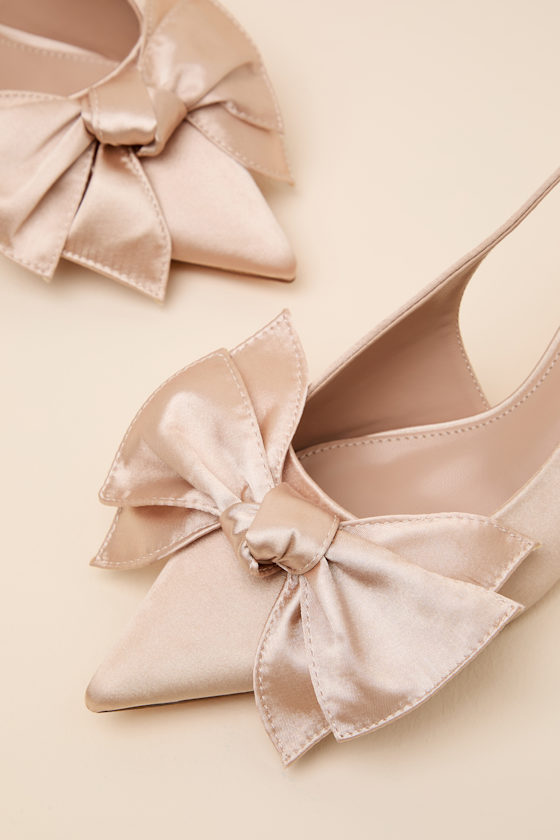 Tiersa Beige Satin Bow Slingback Kitten Heel Pumps - thumbnail 6