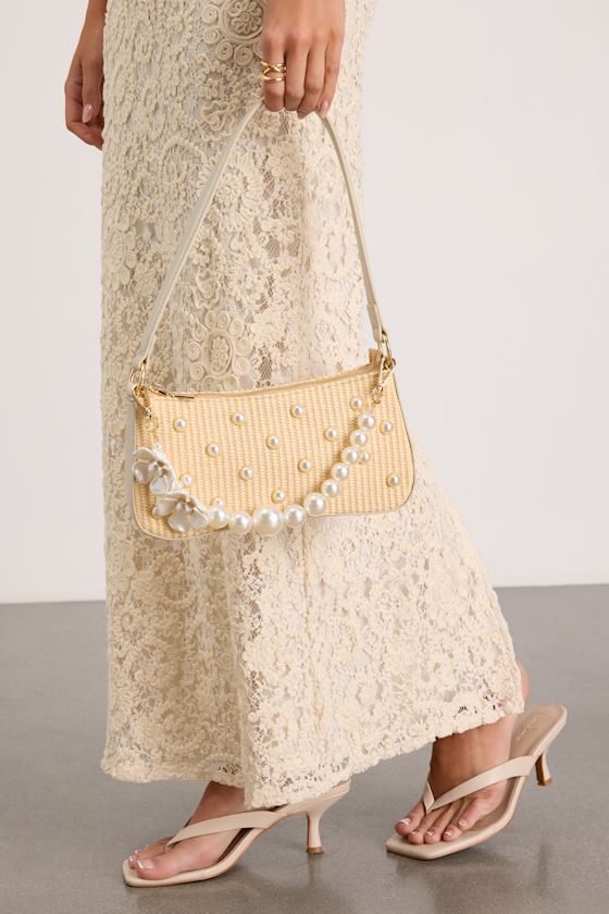Betsey Johnson Beige Rita Natural Raffia Pearl Shoulder Bag